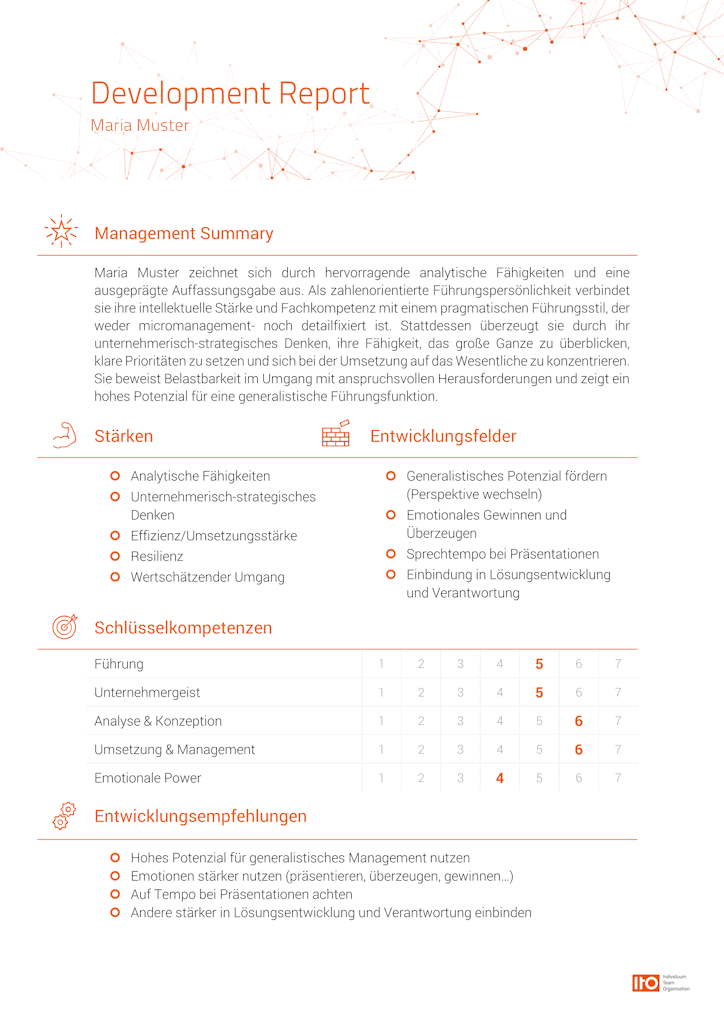 ITO Development Center Muster-Report mit Management Summary, Stärken, Entwicklungspotenzialen, Schlüsselkompetenzen und Empfehlungen